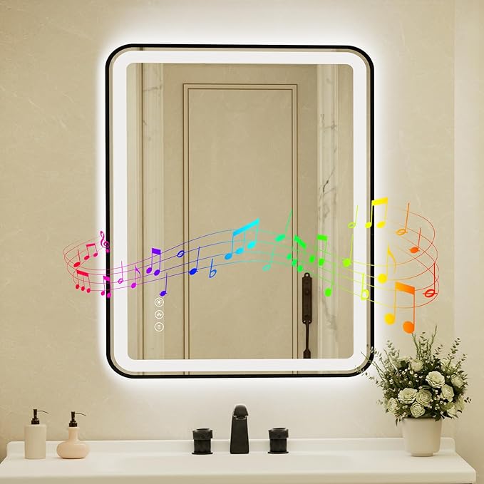 36x48 Inch Black Framed LED Bathroom Mirror with Lights, Built-in Bluetooth Speaker, Dimmable Lighted Bathroom Vanity Mirror with 3 Colors, Backlit + Frontlit, Memory, Anti-Fog
