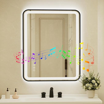 36x48 Inch Black Framed LED Bathroom Mirror with Lights, Built-in Bluetooth Speaker, Dimmable Lighted Bathroom Vanity Mirror with 3 Colors, Backlit + Frontlit, Memory, Anti-Fog
