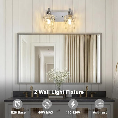 Bathroom Light Fixtures Farmhouse Chrome Vanity Lights for Bathroom Lighting Fixtures Over Mirror with Hammered Glass Lampshade for Cabinet Mirror Bedroom Hallway 2 Light