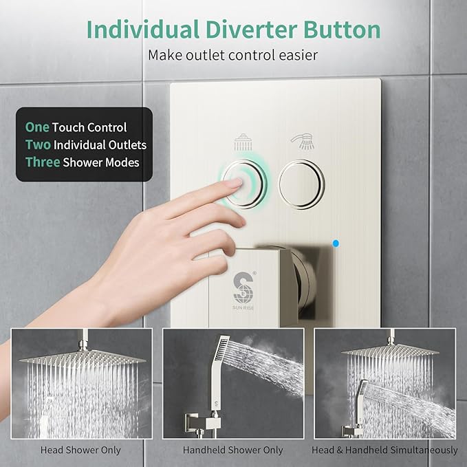 SR SUSR SUN RISE Shower System with Push Button Diverter, Ceiling Mounted Luxury 10 Inch Rain Shower Head with Handheld Spray, High Pressure Shower Faucet Combo Set with Rough-in Valve, Brushed Nickel