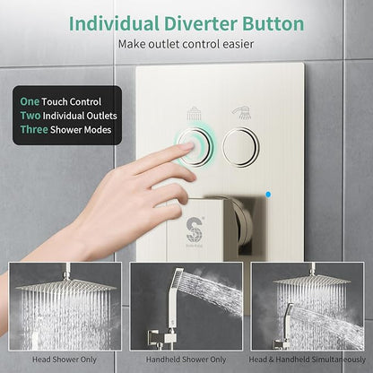 SR SUSR SUN RISE Shower System with Push Button Diverter, Ceiling Mounted Luxury 10 Inch Rain Shower Head with Handheld Spray, High Pressure Shower Faucet Combo Set with Rough-in Valve, Brushed Nickel