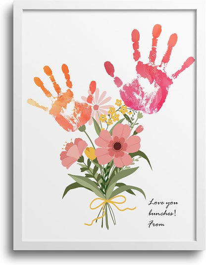 TwoDays Flower Bouquet Handprint Art Craft DIY Kit, Unique Gifts for Mom from Daughter or Son for Mother's Day Birthday Christmas, Gift for Grandma. (Floral-1, White)