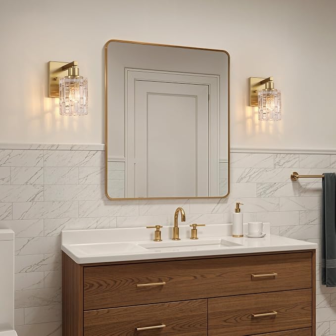 1 Light Brushed Gold Bathroom Vanity Light Over Mirror, Modern Vanity Lighting with Crystal Glass Shade, Wall Mount Bathroom Light Fixtures, E26 Base