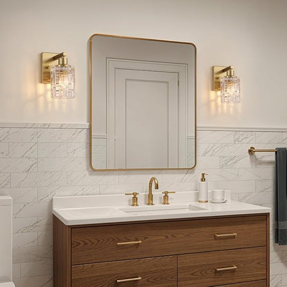 1 Light Brushed Gold Bathroom Vanity Light Over Mirror, Modern Vanity Lighting with Crystal Glass Shade, Wall Mount Bathroom Light Fixtures, E26 Base