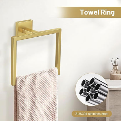 TURS Brushed Gold 5 Pieces Bathroom Hardware Set, SUS304 Stainless Steel 23.6 Inch Bath Towel Bar Set, Square Bathroom Accessories Kit Wall Mounted