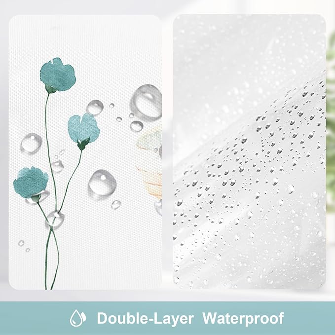 Small Stall 3 in 1 Shower Curtain Set, Watercolor Floral Bath Curtain and PEVA Liner Set with 12 Double Sided Steel Hooks, Waterproof Fabric Bathroom Curtain 36x72, Teal
