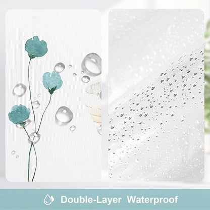 3 in 1 Shower Curtain Set, Teal Watercolor Floral Bath Curtain and PEVA Liner Set with 12 Double Sided Steel Hooks, Waterproof Fabric Bathroom Curtain 72x72