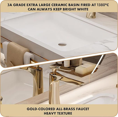 76 Inch Luxury Bathroom Vanity, Floating Bathroom Vanity with Sink and LED Round Smart Defogger Mirror, Multilayer solid wood Spacious Storage Drawer Include Faucet and Drain Fittings,Double Sink