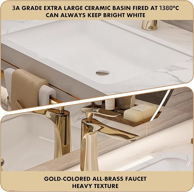 Floating Bathroom Vanity with Sink, Luxury Bathroom Vanity with LED Round Smart Defogger Mirror,Multilayer Solid Wood Spacious Storage Drawer Include Faucet and Drain Fittings,Single Sink(32")