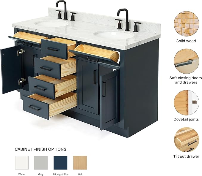 ARIEL Hepburn 60-inch Bathroom Vanity with Sink,Solid Wood, 1.5-inch Italian Carrara Marble Countertop, Double Oval Porcelain Sink, 4 Soft Closing Doors, 6 Dovetail Drawers, Midnight Blue