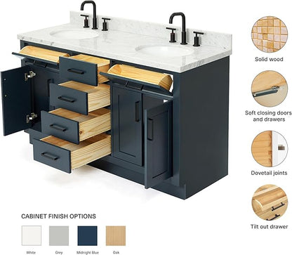 ARIEL Hepburn 60-inch Bathroom Vanity with Sink,Solid Wood, 1.5-inch Italian Carrara Marble Countertop, Double Oval Porcelain Sink, 4 Soft Closing Doors, 6 Dovetail Drawers, Midnight Blue