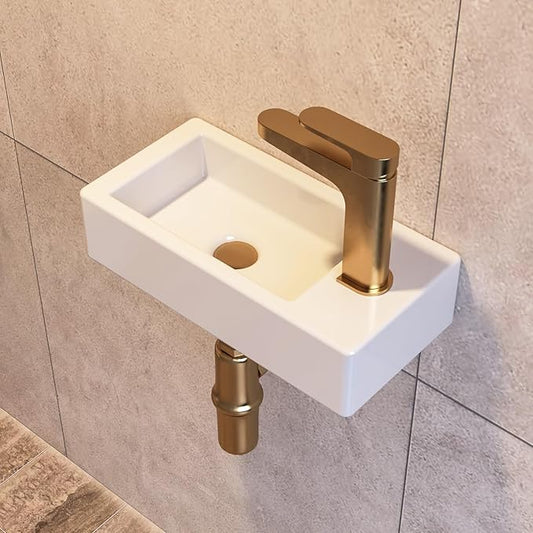 DeerValley DV-1V081RA Wall Mount Sink, Mini Rectangle Bathroom Sink, Small Bathroom Cloakroom White Ceramic Wash Basin without Overflow(Right Hand)