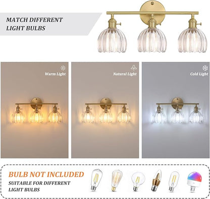 Bathroom Light Fixtures, 3-Light Brass Vanity wall Light Over Mirror with Clear Tulip Glass Shade for Bedroom Living Room (Bulb Not Included)