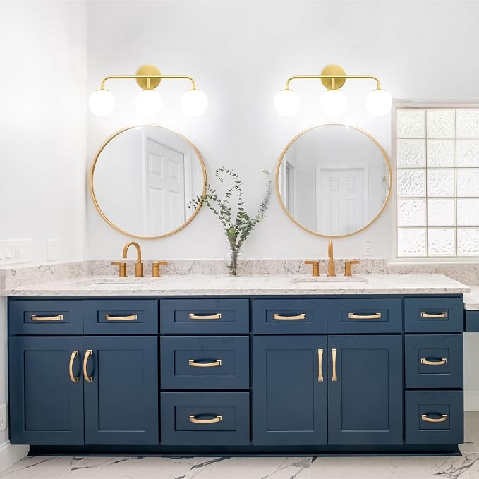 Gold Bathroom Vanity Lights, Mid Century Modern 3-Light Bathroom Lighting Fixtures Over Mirror, Brushed Gold Bathroom Lights Wall Sconce with Frosted Globe Milk Glass Shade, Wall Mount Light Fixture