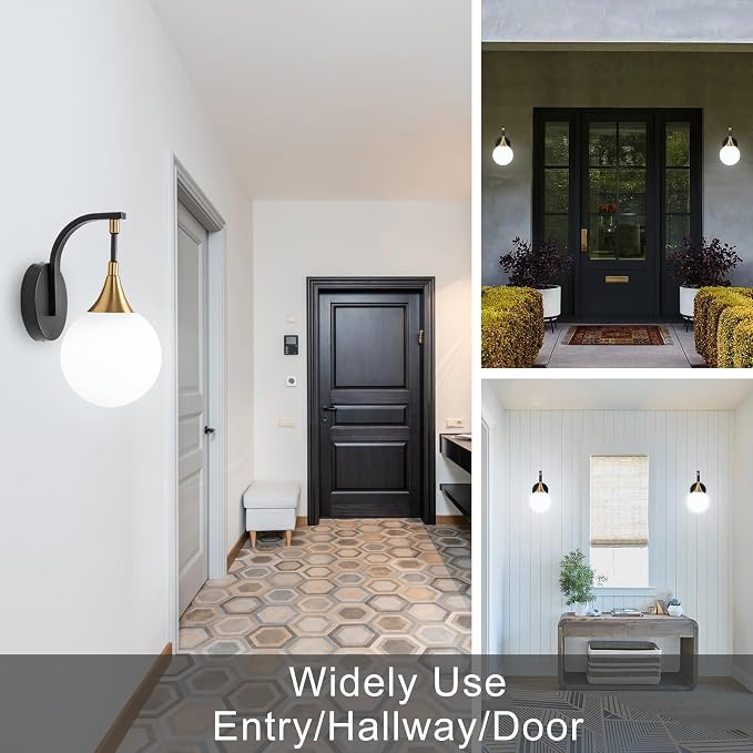 1-Light Bathroom Wall Sconce, Black and Gold Vanity Lighting | with White Milk Globe Glass Shade, Modern Wall Light Fixture for Bedroom Hallway Bathroom Kitchen