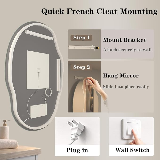 OKPAL Backlit Irregular LED Bathroom Mirror with Lights, 24x32 Asymmetrical Leaf-Shaped Ligthed Vanity Mirror for Wall, Anit-Fog, Dimmable, Memory, Shatterproof, UL (Horizontal/Vertical)