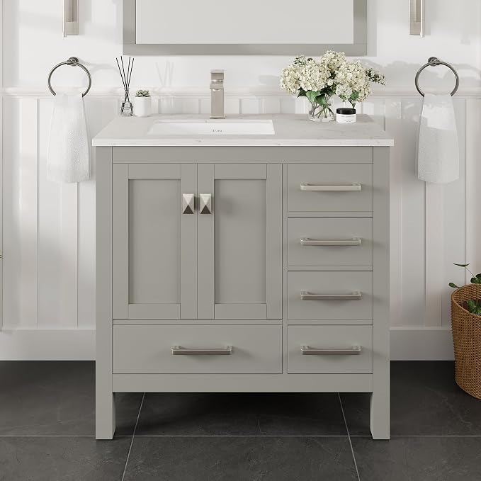 Eviva London 38 Inch Bathroom Vanity in Grey with Quartz Countertop and Porcelain Sink - 38" Single Sink Bathroom Vanity - 38 in Bathroom Vanities & Modern Bathroom Sink Cabinet for Storage and Style