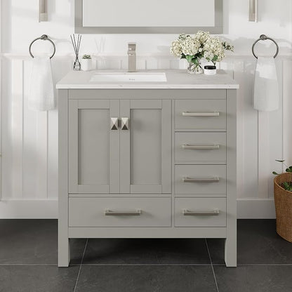 Eviva London 38 Inch Bathroom Vanity in Grey with Quartz Countertop and Porcelain Sink - 38" Single Sink Bathroom Vanity - 38 in Bathroom Vanities & Modern Bathroom Sink Cabinet for Storage and Style