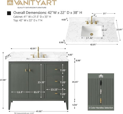 Vanity Art 42 inch Bathroom Vanity with Single Sink & Ceramic Top, Vanity Cabinet with Soft-Closing Door, Solid Wood Frame, Linear Pattern, Vintage Green, Golden Brushed Handware VA9142-VG-GB