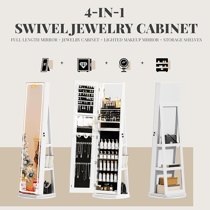 Mirror Jewelry Cabinet Standing, Jewelry Armoire | with Full-Length LED Mirror and Adjustable Lights, 360° Swivel Jewelry Organizer Storage