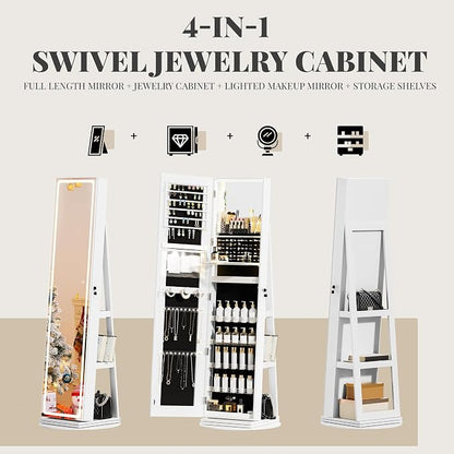 Mirror Jewelry Cabinet Standing, Jewelry Armoire | with Full-Length LED Mirror and Adjustable Lights, 360° Swivel Jewelry Organizer Storage
