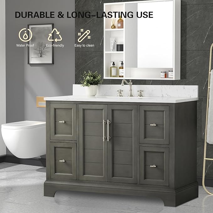 HOMEBEYOND 48 Inch Bathroom Vanity with Single Sink & Ceramic Top, Vanity Cabinet with Center Countertop Basin, Soft-Closing Doors, Backsplash,Sliver Grey