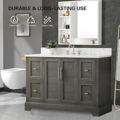 HOMEBEYOND 48 Inch Bathroom Vanity with Single Sink & Ceramic Top, Vanity Cabinet with Center Countertop Basin, Soft-Closing Doors, Backsplash,Sliver Grey