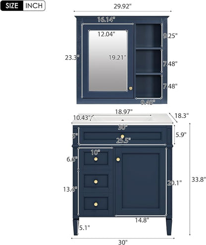 Merax 30 Inch Bathroom Vanity with Sink Set, Modern Bathroom Vanity Storage Cabinet with Matching Mirror Medicine Cabinet, Solid Wood Frame，Painted Finish, 2 Drawers and 1 Tip-Out Drawer, Navy Blue