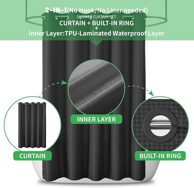 No Hook Waffle Shower Curtain, No Liner Needed Separate, 71x77 Inch, Black | 100% waterproof TPU-laminated backing, magnetic weighted hem, machine washable, shower curtain set for bathroom or hotel use