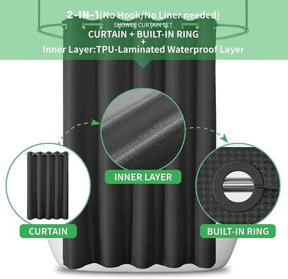 No Hook Waffle Shower Curtain, No Liner Needed Separate, 71x77 Inch, Black | 100% waterproof TPU-laminated backing, magnetic weighted hem, machine washable, shower curtain set for bathroom or hotel use