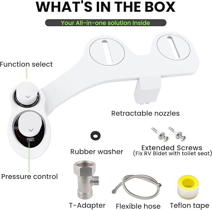 RV Bidet for Camper Toilet, Non-Electric Toilet Sprayer Attachment with Dual Nozzles, Adjustable Pressure, Front/Rear/Self Cleaning, Upgrade for Trailer, Motorhome, RV Bathroom (White-Black)
