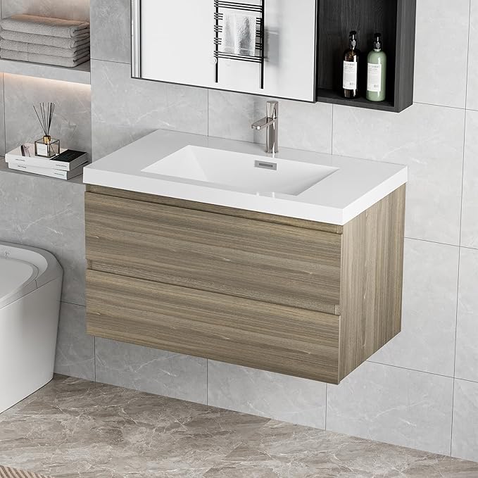 Floating Vanity Bathroom, 36 Inch Bathroom Vanity with Sink, Wall Mounted Single Sink Bathroom Vanity, Soft Closed 2 Drawers, Integrated Sink (Ash Grey)