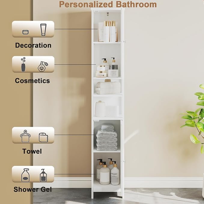 ChooChoo Narrow Bathroom Storage Cabinet with Light, Space Saving | Space Saving,Tall Bathroom Storage Cabinet, 5-Tier, 2 Doors, Slim, Freestanding, Adjustable Shelves, White