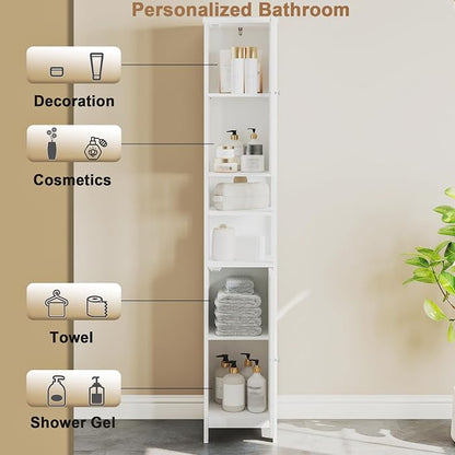 ChooChoo Narrow Bathroom Storage Cabinet with Light, Space Saving | Space Saving,Tall Bathroom Storage Cabinet, 5-Tier, 2 Doors, Slim, Freestanding, Adjustable Shelves, White