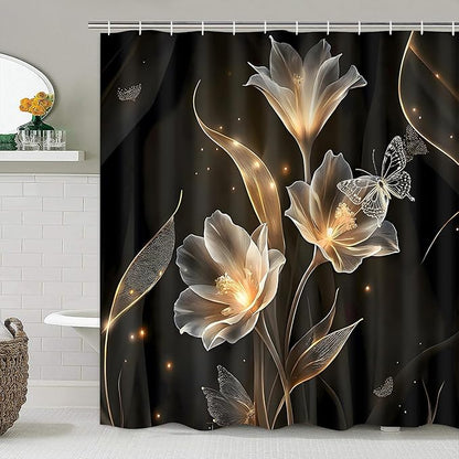 AZHM Floral Butterfly Pattern Shower Curtain for Bathroom 4 PCS Bathroom Decor Sets with Shower Curtain and Rugs and Accessories with 12 Hooks