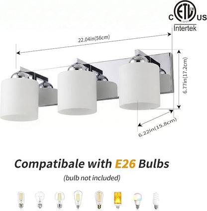 mirrea 3-Light Chromed Bathroom Vanity Light with White Glass Shades | Over Mirror,Wall Sconce,ETL listed,Bathroom Lighting Fixtures,Elegant Design,Milk White Glass Shade,Easy Installation