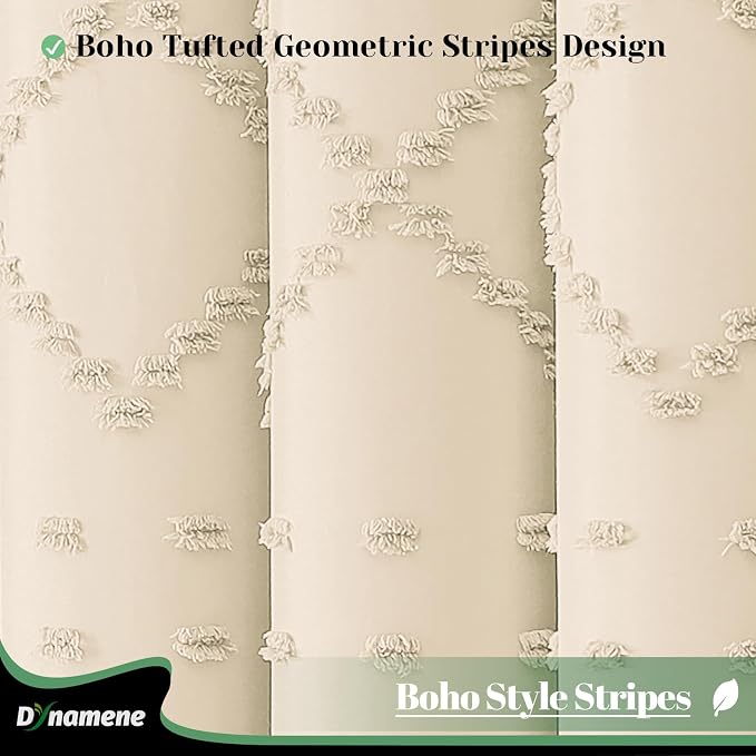 Extra Long Boho Fabric Shower Curtain Tufted Geometric 72x84 Beige | 84 Inch Tall, Elegant Tassel, Lightweight Textured Fabric, Water Repellent, Washable, Hotel Spa, for Bathroom/Dorm 12 Hooks