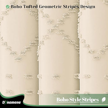 Extra Long Boho Shower Curtain Tufted Geometric 72"x96" Beige | 96 Inch Tall, Elegant Tassel, Lightweight Textured Fabric, Water Repellent, Washable, Hotel Spa, for Bathroom/Dorm 12 Hooks