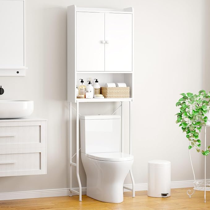 Kitsure 68.1"H Over Toilet Storage Cabinet, Magnetic Door, Adjustable Shelf | Bathroom, Laundry Room, Small Spaces, Families, Multi-Compartment Storage, Anti-Tip Design, White, 3 Tier Storage