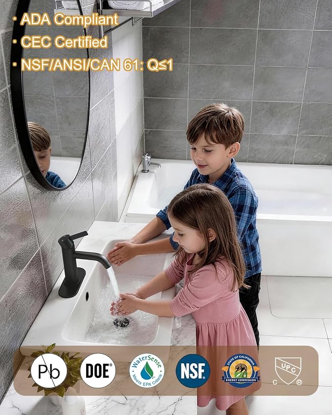 Matte Black Bathroom Faucet Single Hole with Pop-Up Bathroom Drain and Flexible Hoses Single Handle Bathroom Sink Faucet w/Deck Plate(1 or 3 Hole) for Vanity Sinks, RV, Farmhouse