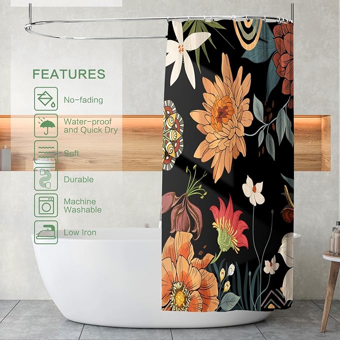Shower Curtain Boho Floral, Tropical Summer shower curtain Mid-Century Abstract Boho Flowers Chic Shower Curtain Set Waterproof Polyester Fabric Machine Washable Home Farmhouse Decor Bath Curtains