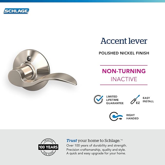 SCHLAGE Accent Lever Non-Turning Lock in Polished Nickel - Right Handed - F170 ACC 618 RH