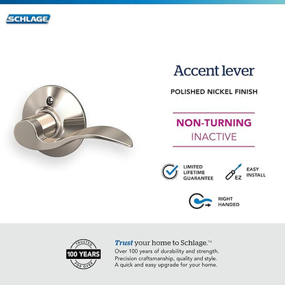 SCHLAGE Accent Lever Non-Turning Lock in Polished Nickel - Right Handed - F170 ACC 618 RH