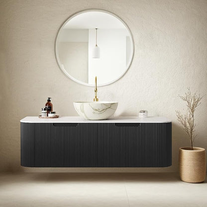 48" Floating Bathroom Vanity with Sink, Plywood Bathroom Vanities with Ultra-Thin Bowl Shape Basin and Marble Top, 2 Large Soft-Closing Storage Drawers, Pre-Assembled Cabinet, Gloss Black