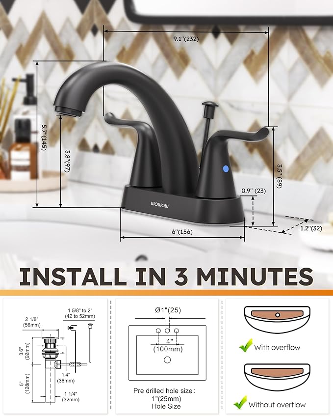 WOWOW Black Bathroom Faucet 2 Handle Bathroom Sink Faucet 4 inch Centerset Bathroom Faucets 3 Holes Lavatory Faucet with Lift Rod Drain Stopper Vanity Faucet Lead-Free Basin Mixer Tap Matte Black