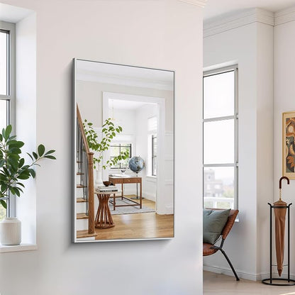 YIROMAN Bathroom Mirror 50"x30", Large Brushed Silver Bathroom Mirror for Over Sink with Aluminum Frame, Rectangular Vanity Mirror with Right Angle, Wall Mirror Hangs Horizontal or Vertical