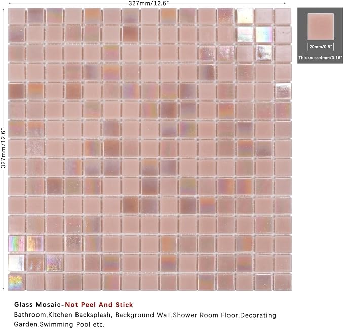 11.5sq.ft Pink Mosaic Glass Mosaic Tile for Bathroom, Pool, Backsplash | Waterproof Wall & Floor Tile. Heat & frost resistant outdoors, steam Areas, Fireplace, Restaurants, Hotels, Laundry, 10pcs.