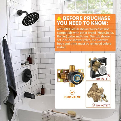 Tub Shower Faucet Set Valve Included with 6-Inch Rain Shower Head and Tub Spout Single-Handle Tub and Shower Trim Kit Matte Black