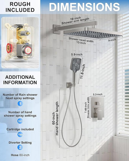 Shower System 13-Inch Rainfall Shower Head - 3 Setting Handheld Sprayer, Complete Bathroom Set with Faucet Mixer Trim Kit & Valve Brushed Nickel