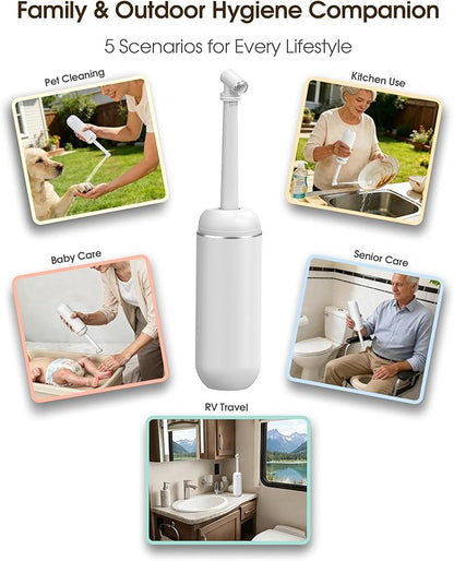 Portable Bidet for Travel & Camping - Manual Squeeze Handheld Peri Bottle for Feminine Hygiene, 3 Leak-Proof Seals, Extendable Sprayer with Rotating Nozzle for Men & Women (White, General)